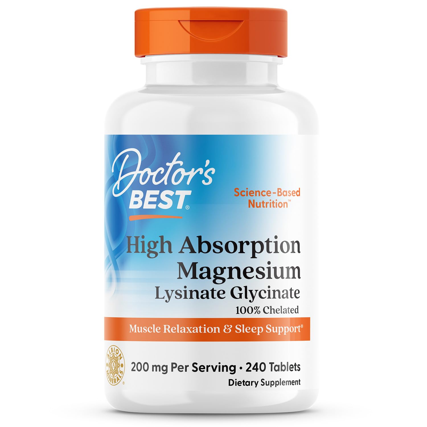 Doctor's Best High Absorption Magnesium Glycinate Lysinate, 100% Chelated, Non-GMO, Vegan, Gluten & Soy Free, 200 mg, 240 Count