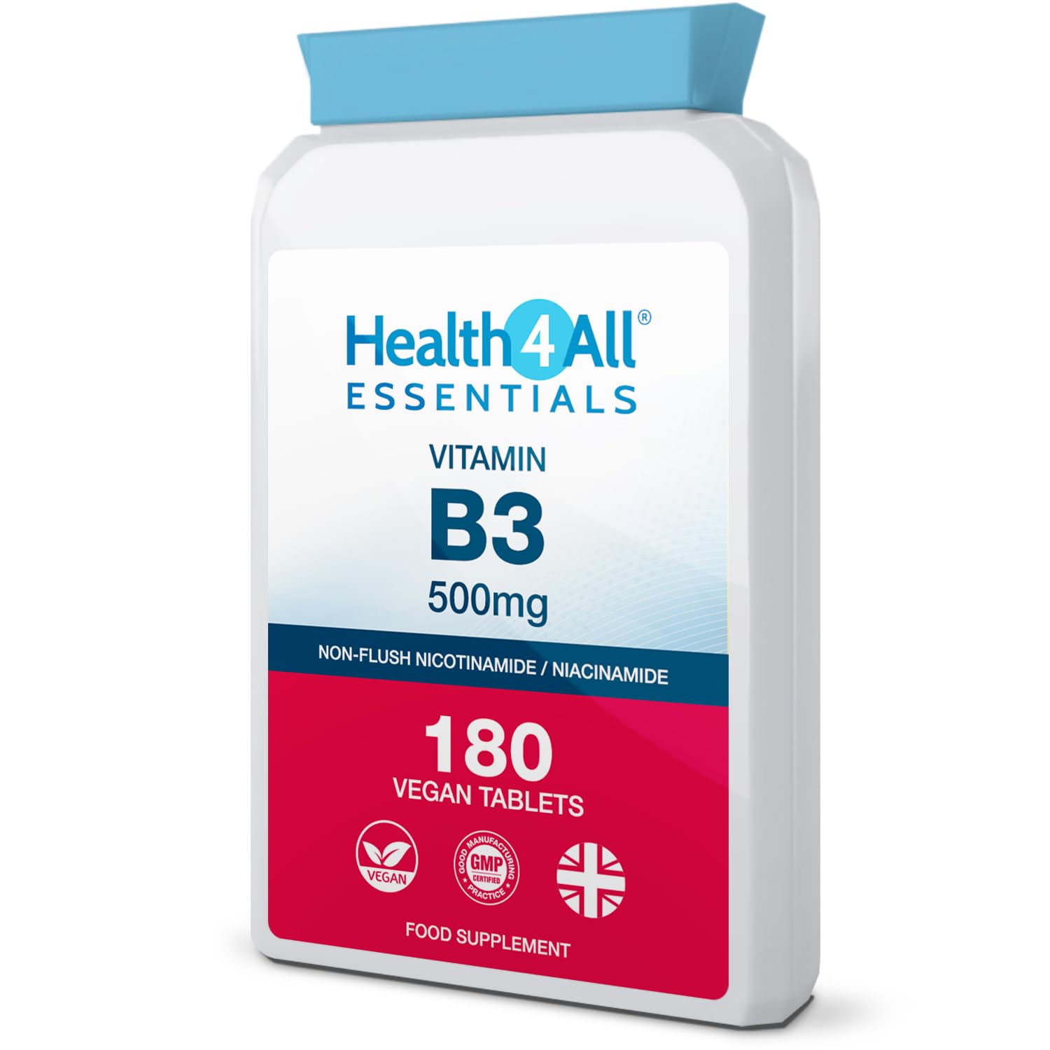 Health4All Vitamin B3 Nicotinamide (Niacinamide) 500mg 180 Tablets (V) Vegan. No-Flush Niacinamide. Made in The UK