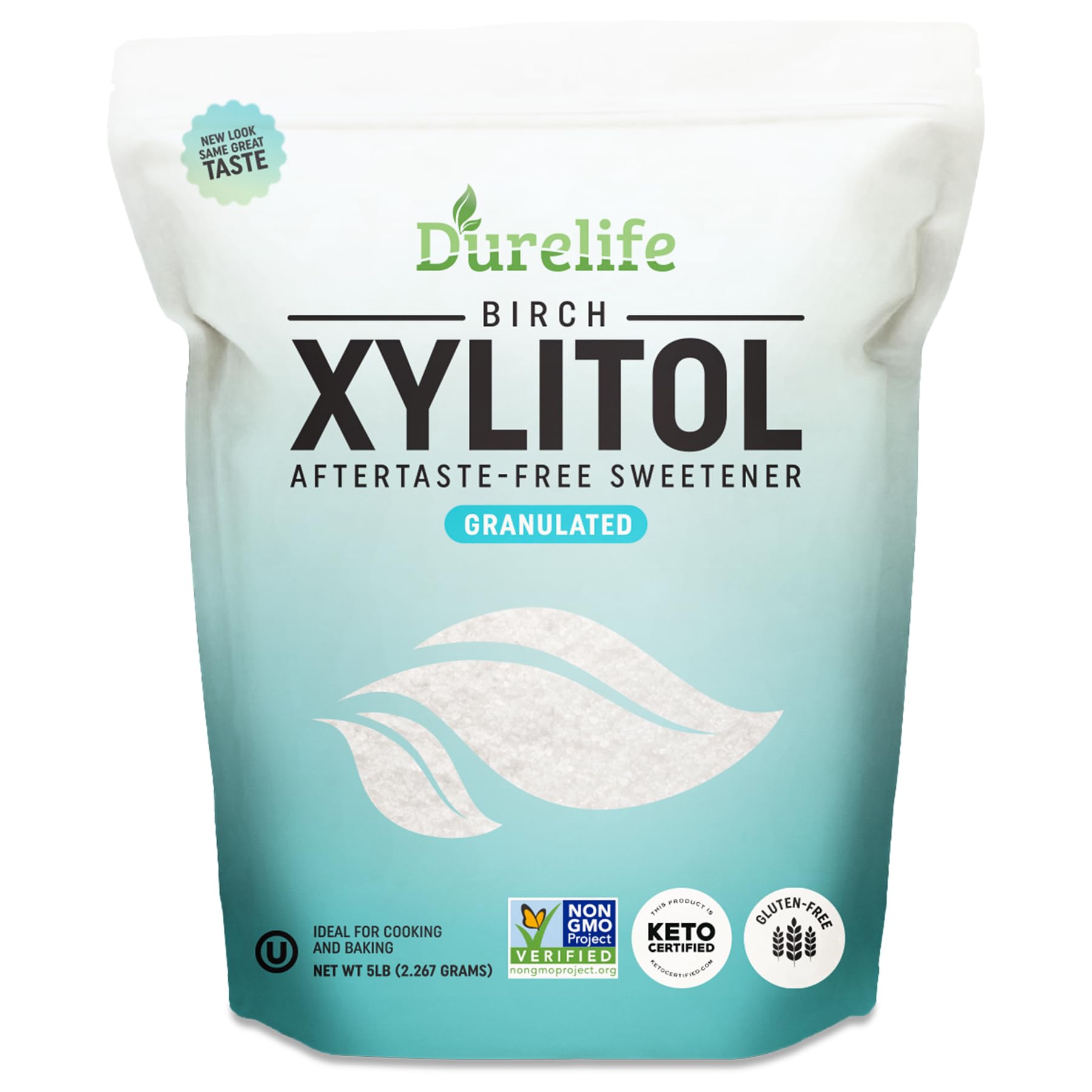 DureLife XYLITOL Sugar Substitute 5 LB Bulk (80 OZ) Made From 100% Pure Birch Xylitol NON GMO - Gluten Free - Kosher, Natural sugar alternative, Packaged In A Resealable zipper lock Stand Up Pouch Bag