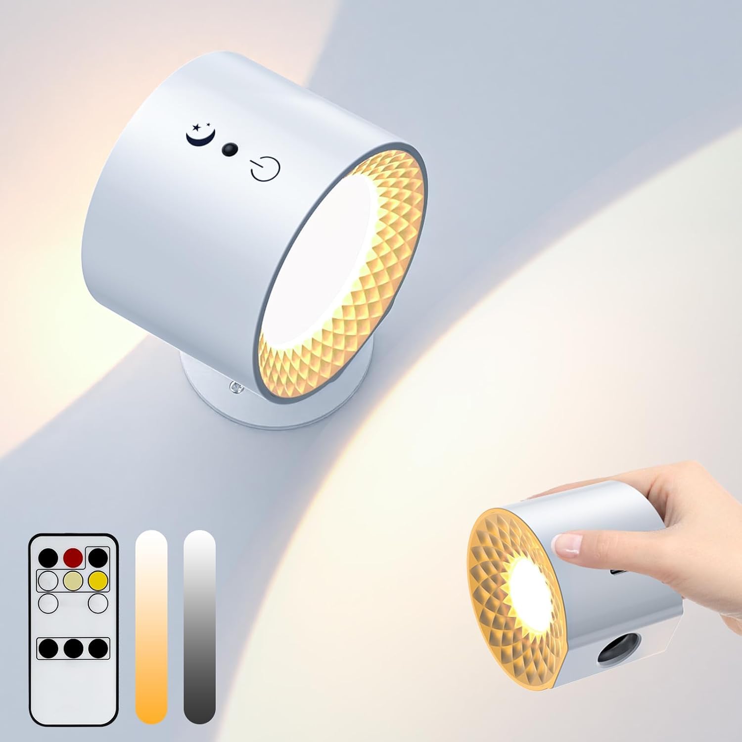 Magnetic Wall Lamp, LED Wall Sconce,Cordless Wall Light, Touch Switch,360° Rotatable Light Fixtures with Remote Control,Timing Function, 3 Colors,Suitable for Living Room, Hallway Wall light（White)