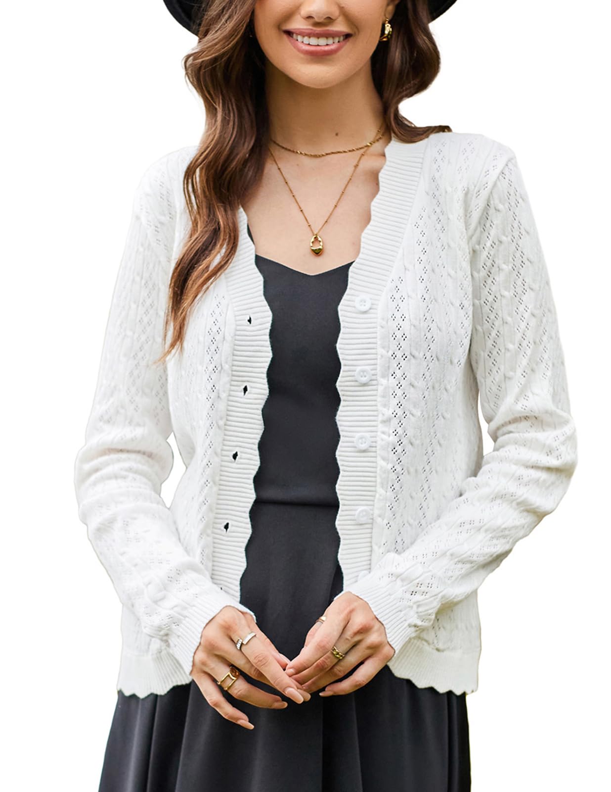 KANCY KOLEWomen's 2024 Long Sleeve Cropped Cardigan Sweaters Lightweight Crochet Button Down Cardigans Shrug S-2XL