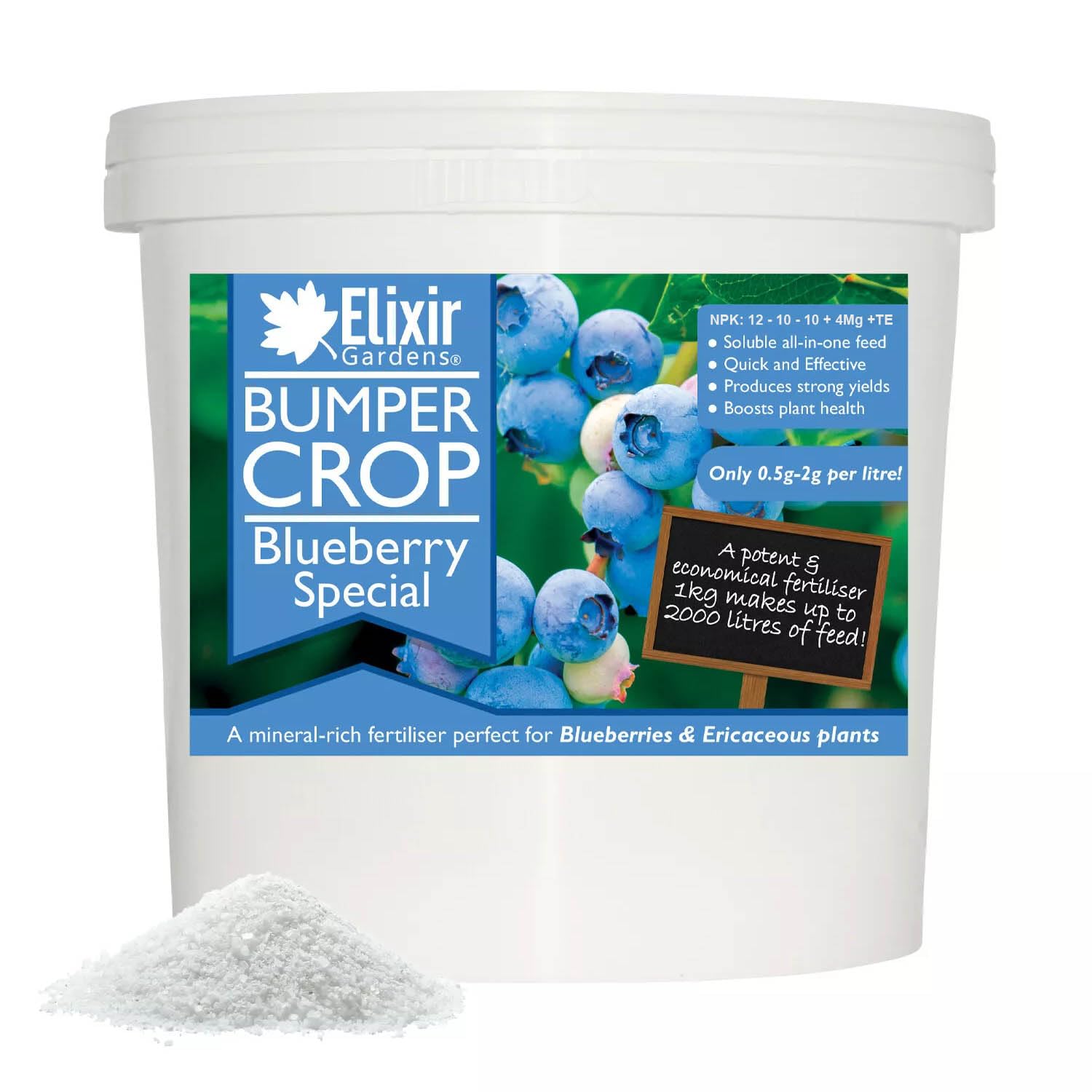 Elixir GardensBumper Crop Blueberry Special Fertiliser | Soluble Feed for Blueberries, Raspberry & Strawberry Plants | 1kg - 20kg Supplied in Bag or Tub | NPK 12-10-10+ 4 | 1kg Resealable Tub