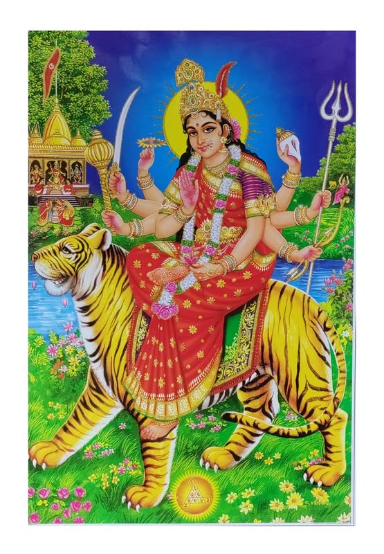 BM TRADERS Sherawali Maa Durga Golden Zari Art Work Poster Without Frame (24 X 36 Inch) OR(60.96 x 91.44 Cm) Religious Wall Décor