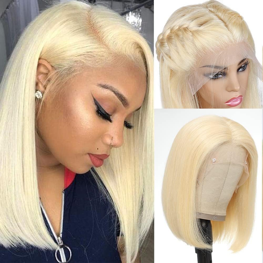 16 Inch Blonde Bob Wig Human Hair Pre Plucked 180% Density Natural Hairline 13x4 HD Transparent bob Lace Front Wig Human Hair Straight Bob Wigs (16 Inch, 613 Bob Wig)