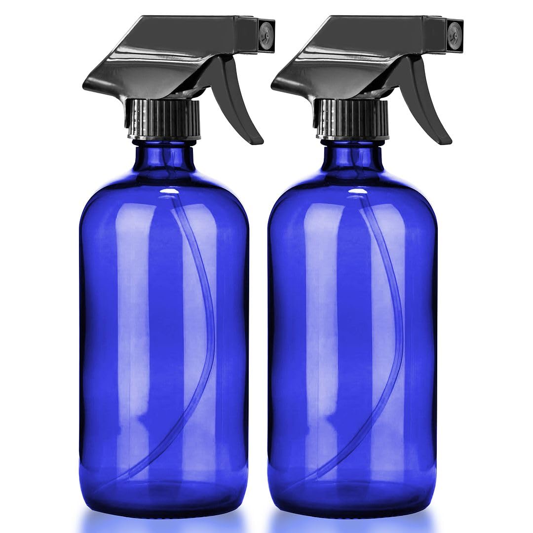 Chef's Star Glass Spray Bottles for Cleaning Solutions, Plants, and Hair, Empty Refillable Misting Spritzer with 2 Adjustable Spray Settings, 16 Oz, Pack of 2, Blue