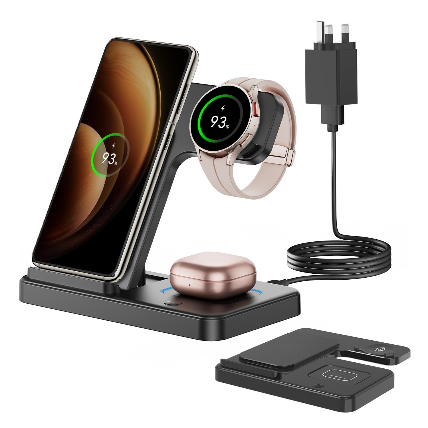 GEEKERA Wireless Charger for Samsung, 3 in 1 Foldable Wireless Charging Station for Samsung Galaxy S24 Ultra Plus S23 S22 S21 S20, Z Flip/Fold 5 4 3, Watch 6 5 4 3 Active, Buds 2 Pro/Live, Android