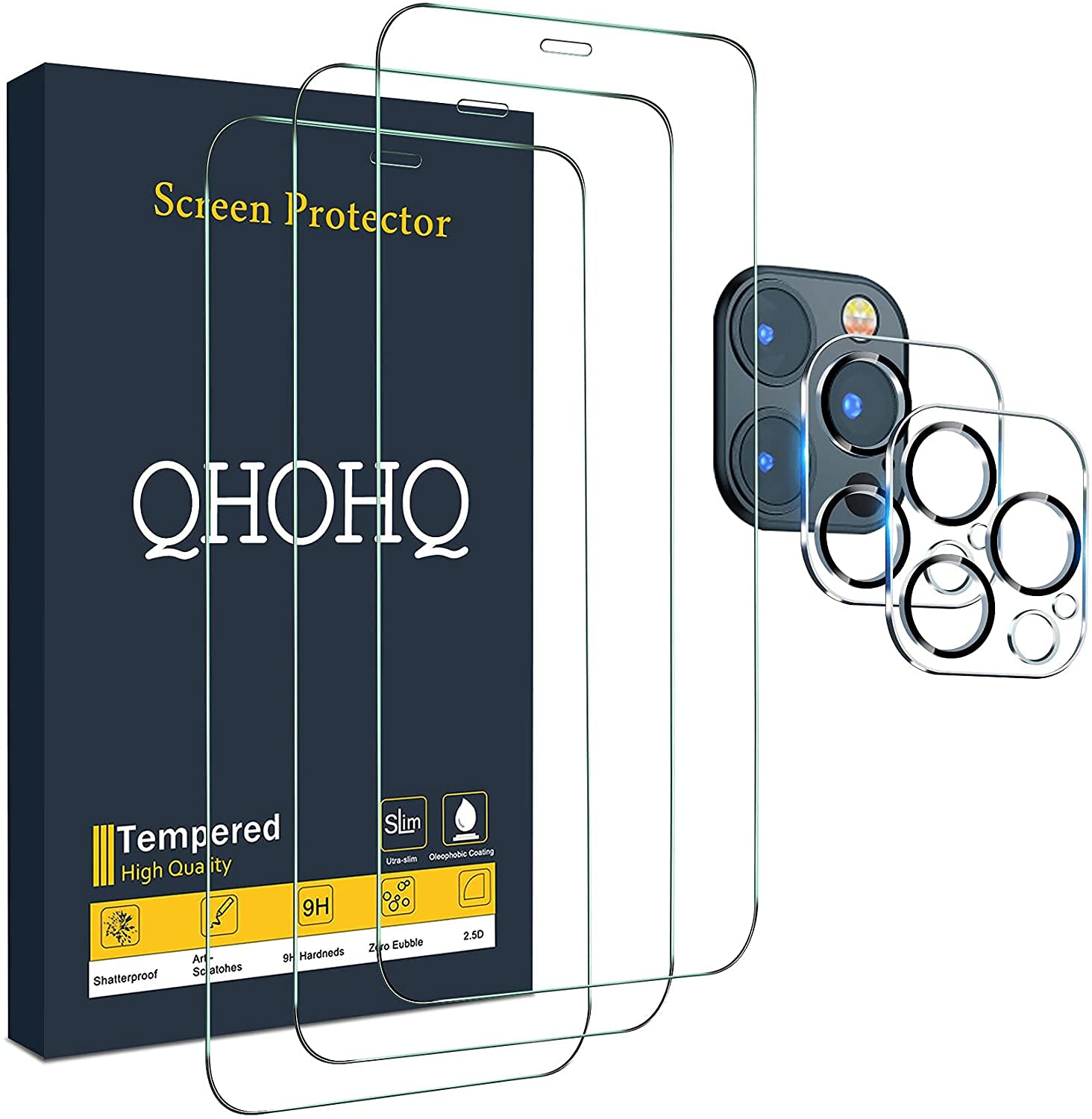 QHOHQ 3 Pack Screen Protector for iPhone 12 Pro Max 6.7" with 2 Pack Tempered Glass Camera Lens Protector, Ultra HD, 9H Hardness, Scratch Resistant, Easy Install - Case Friendly