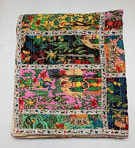 Sambhav Quilt HubMulti Color Cotton Handmade Quilted Blanket Indian Cotton Frida Khalo Print Bedspread Kantha Work Bohemian Bed Decor Throw Blanket Twin/King/Queen (108X108 inches)