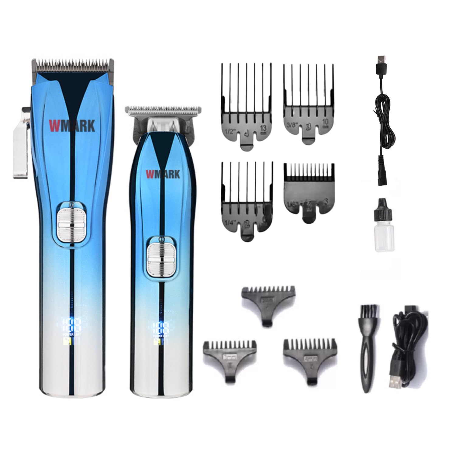 Wmark Ng-603Kit Hair Clipper 7000Rpm & 6000Rpm Magnetic Motor Usb Charging Cable 7 Guide Comb Taper Lever Adjustments Clipper & T-Cutter 0.1Mm Gapped Trimmer Runtime 240 & 180 Min,Blue-Battery Powered