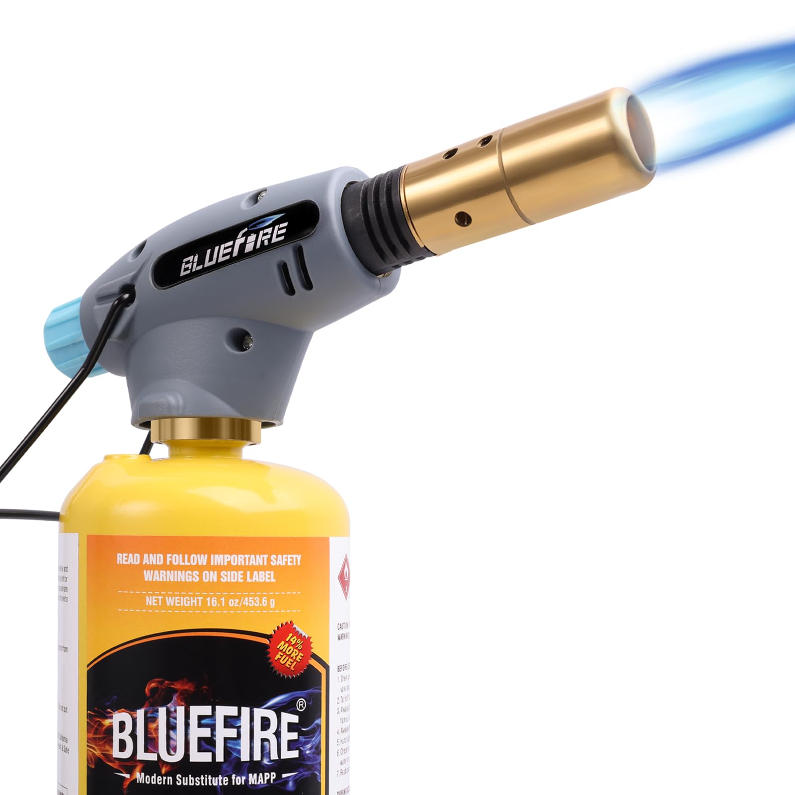 BLUEFIRE Handy Cyclone Torch Head Portable Brass Gas Torch Trigger Start Self-Ignition Nozzle Torch Fuel by MAPP MAP PRO Propane Gas Cylinder for Soldering Welding Plumbing Repair Lighting Glass DIY