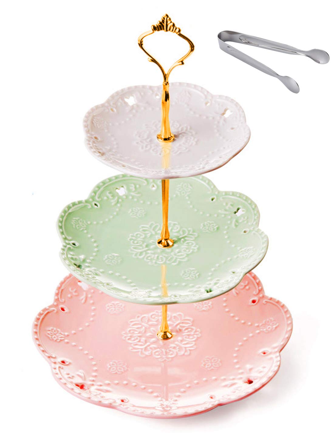 Jusalpha 3-tier Ceramic Cake Stand-Dessert Stand-Cupcake Stand-Tea Party Serving Platter (Gold)