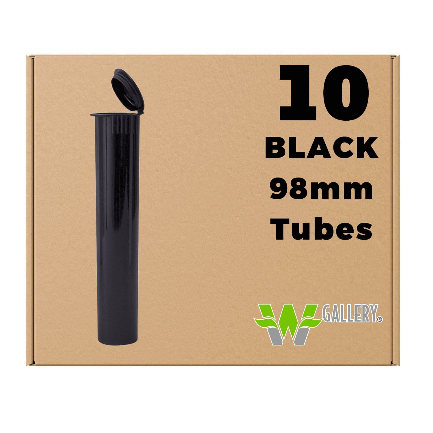 W Gallery 10 Black 98mm Open Cap Pop Top Tubes - Airtight Smell Proof Containers - Plastic Medical Grade Prescription Bottles for Pills Herbs Flowers Supplements, Bulk Pack, Not Glass Jars