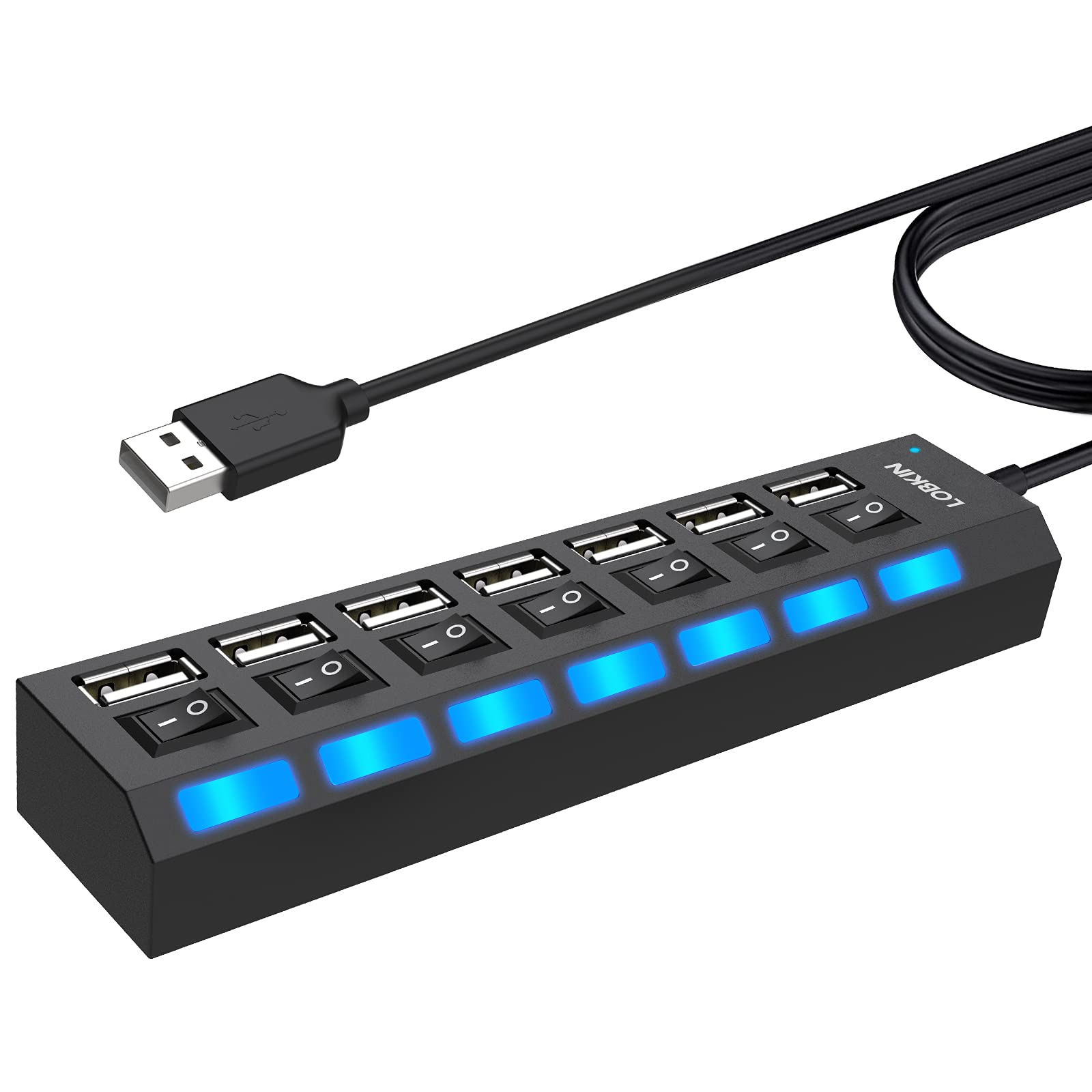 LOBKIN USB Hub 7-Port,USB 2.0 Data with Individual On/Off Power Switches and Lights Portable Extension for PC Laptop More