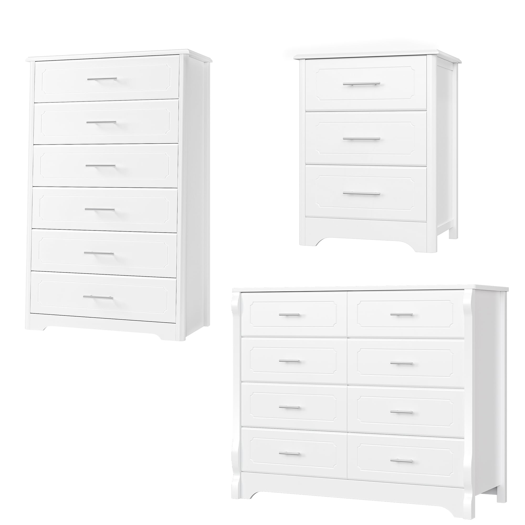 8 Drawer Dresser for Bedroom, 3 Drawer & 6 Drawer White Dresser, Wood Dresser & Chest of Drawers, Modern Double Storage Dresser Cabinet with Deep Drawers | Metal Handles for Living Room, Hallway