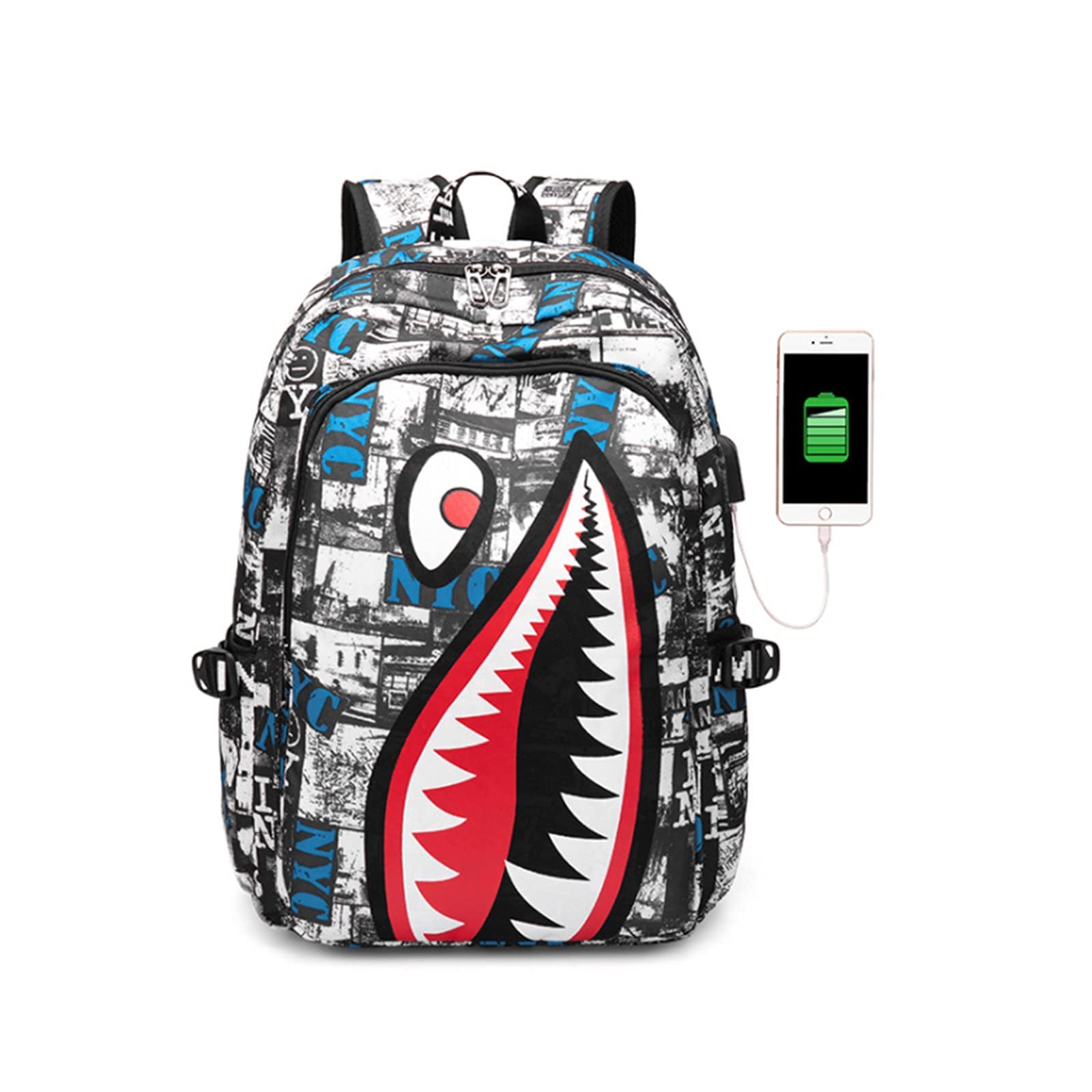 MAKINGTECSchool Backpacks, Shark Bookbags Boys Schoolbag With USB, Unisex Kids Lightweight Water Resistant Backpacks, Schoolbag Made of Oxford Cloth as the Main Material