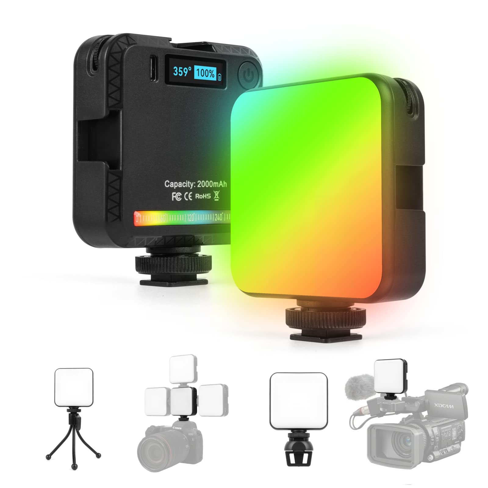 Baytion RGB 360°Full Color Video Lights, Portable CRI 95+ 2500K-9000K Photography Light with 1/4”Screw Thread,3 Cold Shoe,20 Light Effects, Built-in 2000mAh Rechargeable Battery for Video Shooting