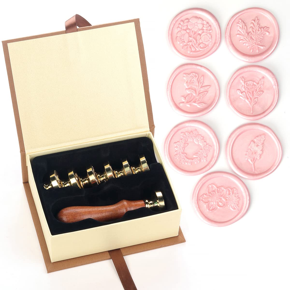 HOSAILWax Seal Stamp Set, 7pcs Flower Wax Seal Stamp Kit Copper Seals + 1pcs Wooden Hilt, Retro Wood Sealing Stamp for Wedding Envelopes Invitation (F04)