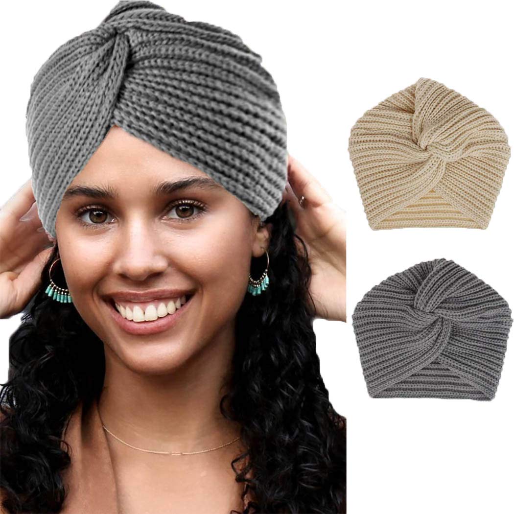 Woeoe Warm Winter Head Wraps Grey Fuzzy Knitted Headwear Cable Crochet Soft Stretchy Ear Warmer Turban Headbands for Women and Girls