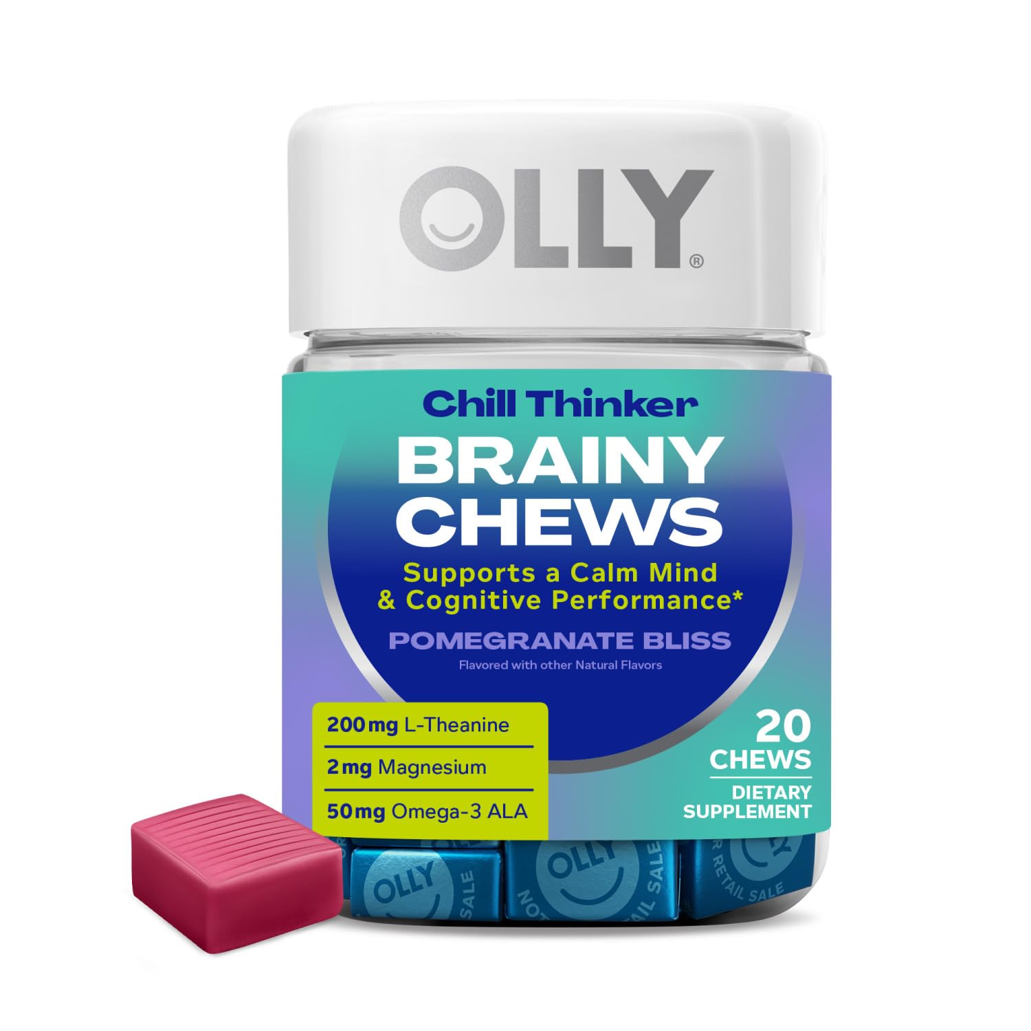 OLLYChill Thinker Brainy Chews, Plus L-Theanine, Magnesium & Omega-3 for a Relaxed State of Mind, Pomegranate Blueberry Flavor, 20 Count