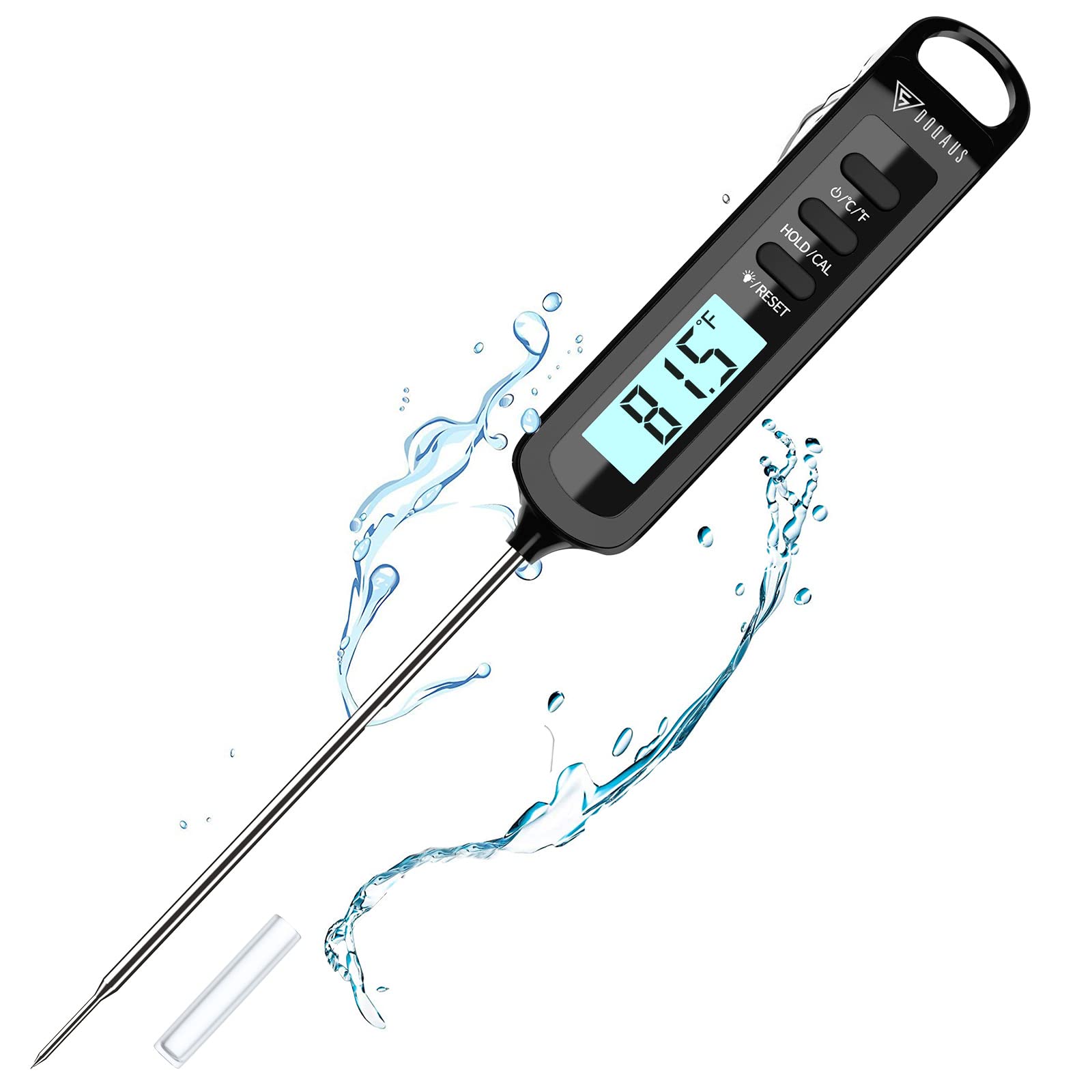 DOQAUS Meat Thermometer Digital, IPX6 Waterproof Instant Read Thermometer for Cooking Kitchen Food Candy with Super Long Probe for Grill BBQ Steak Smoker Oil Milk - Black