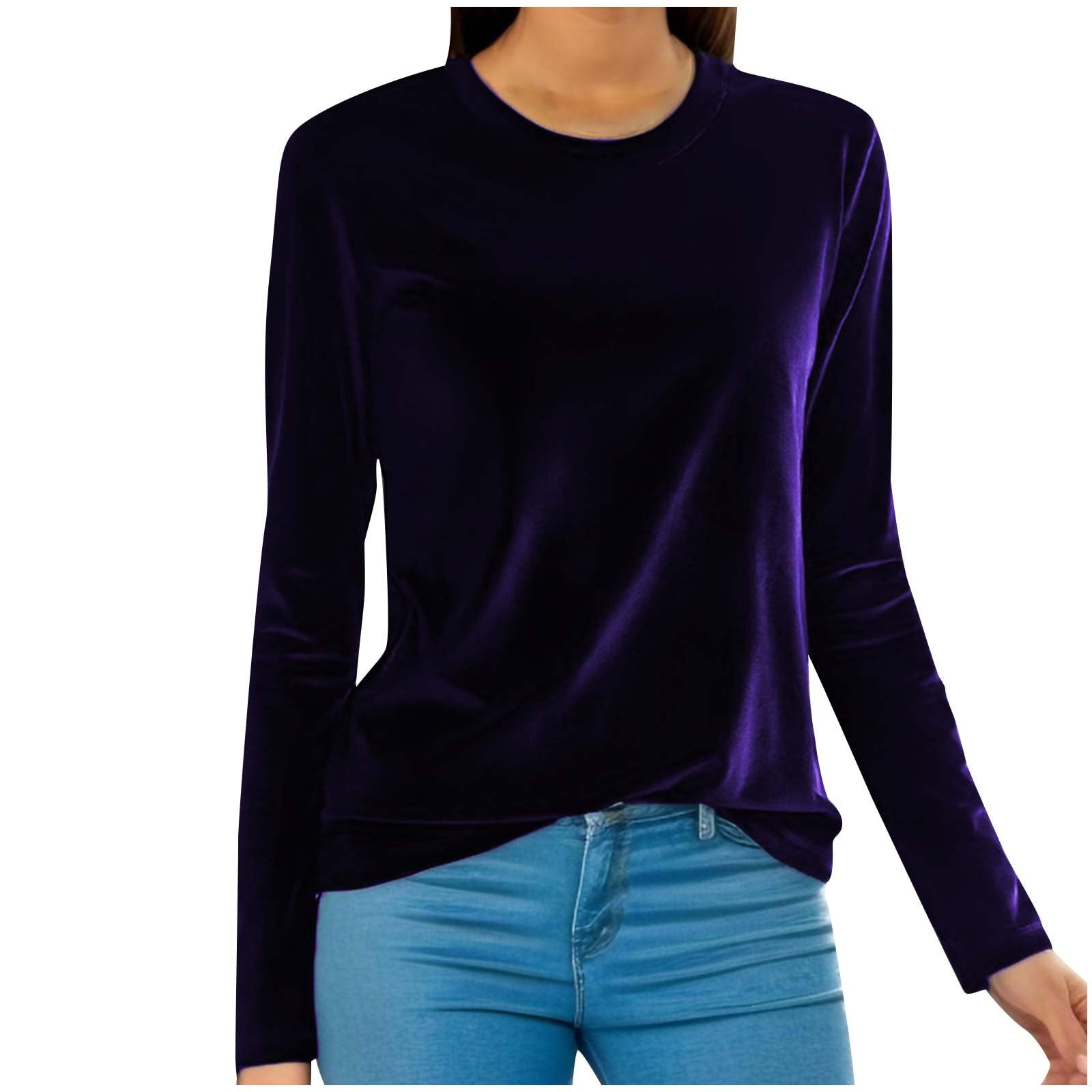 SMIDOWVelvet Tops for Women Long Sleeve Round Neck Shirt Blouse Pullove Solid Casual Tee Shirt Trendy Velvet Tops