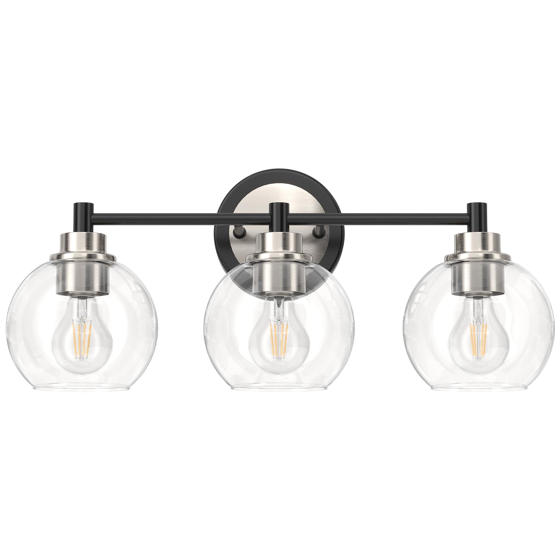 VONLUCEBathroom Light Fixtures, 3-Light Bathroom Vanity Light with Globe Glass Shades E26 Sockets, Bathroom Lights Over Mirror for Bedroom Hallway Living Room, Black & Nickel Finish