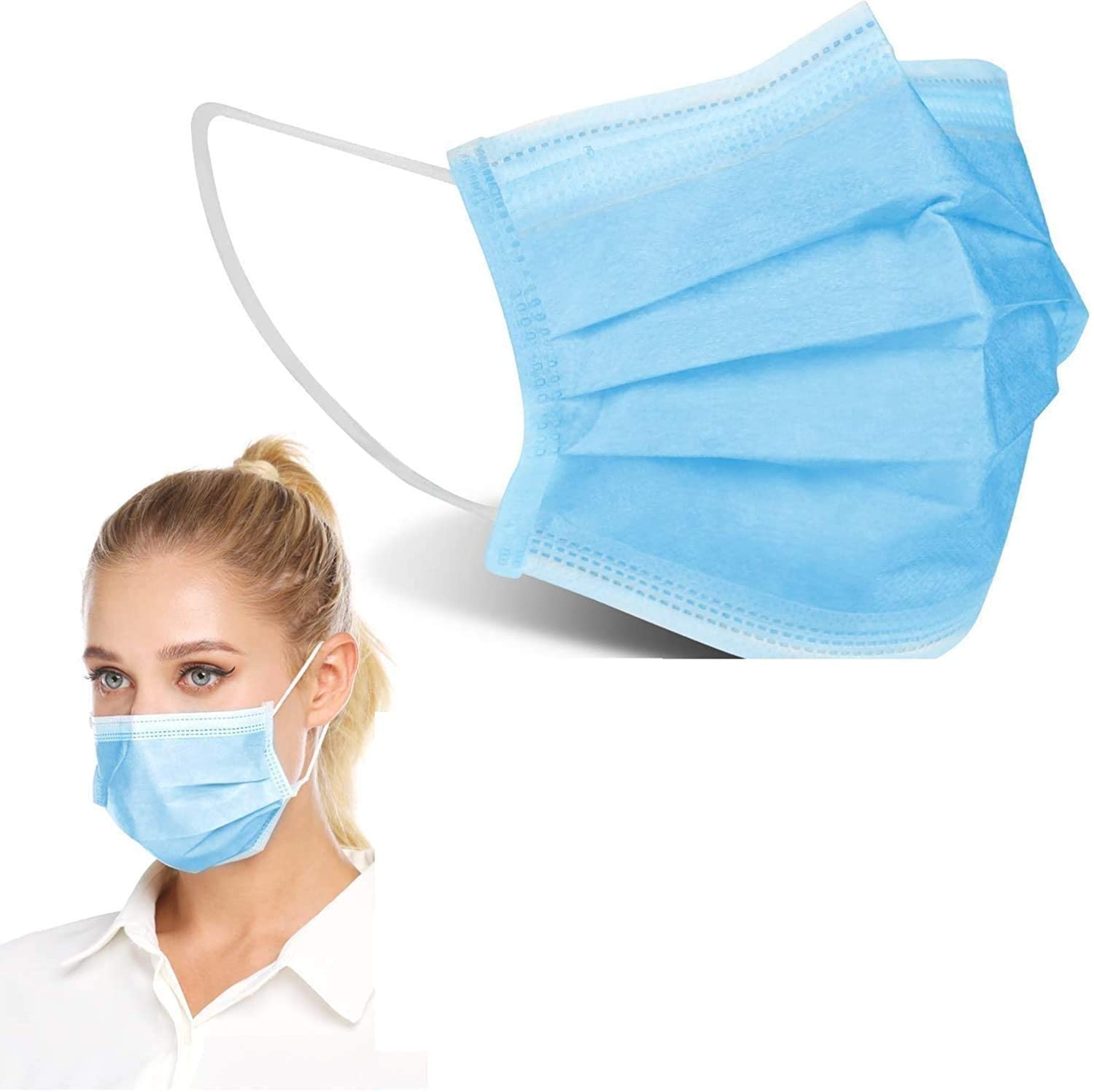 1ABOVE 50pcs 3-Layer Protective Disposable Face Masks, Breathable Face Mask,High Filterability, Sutaible For Sensitive Skin (Blue)