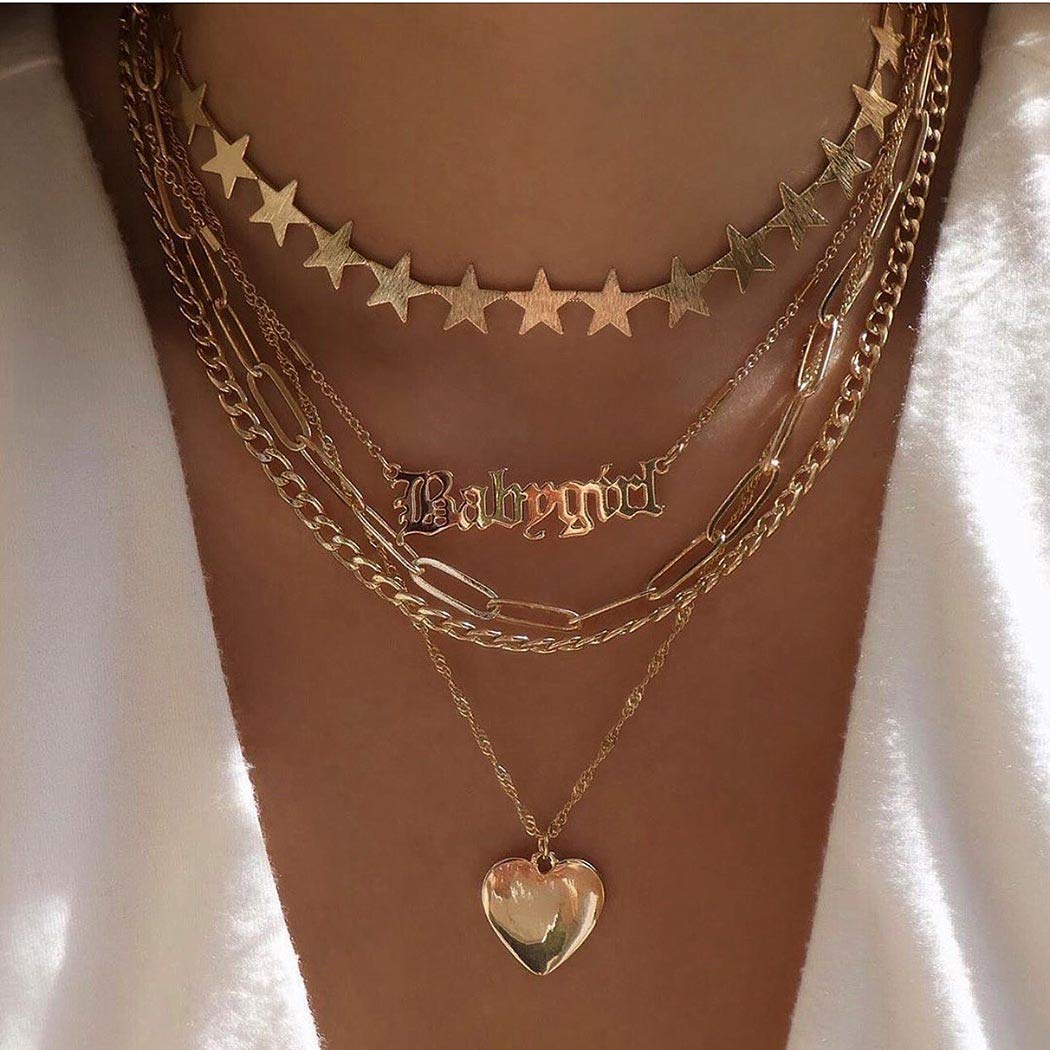 Asooll Punk Heart Pendant Choker Necklace Gold Layered Star Necklaces Fashion Summer Beack Choker Jewelry for Women and Girls