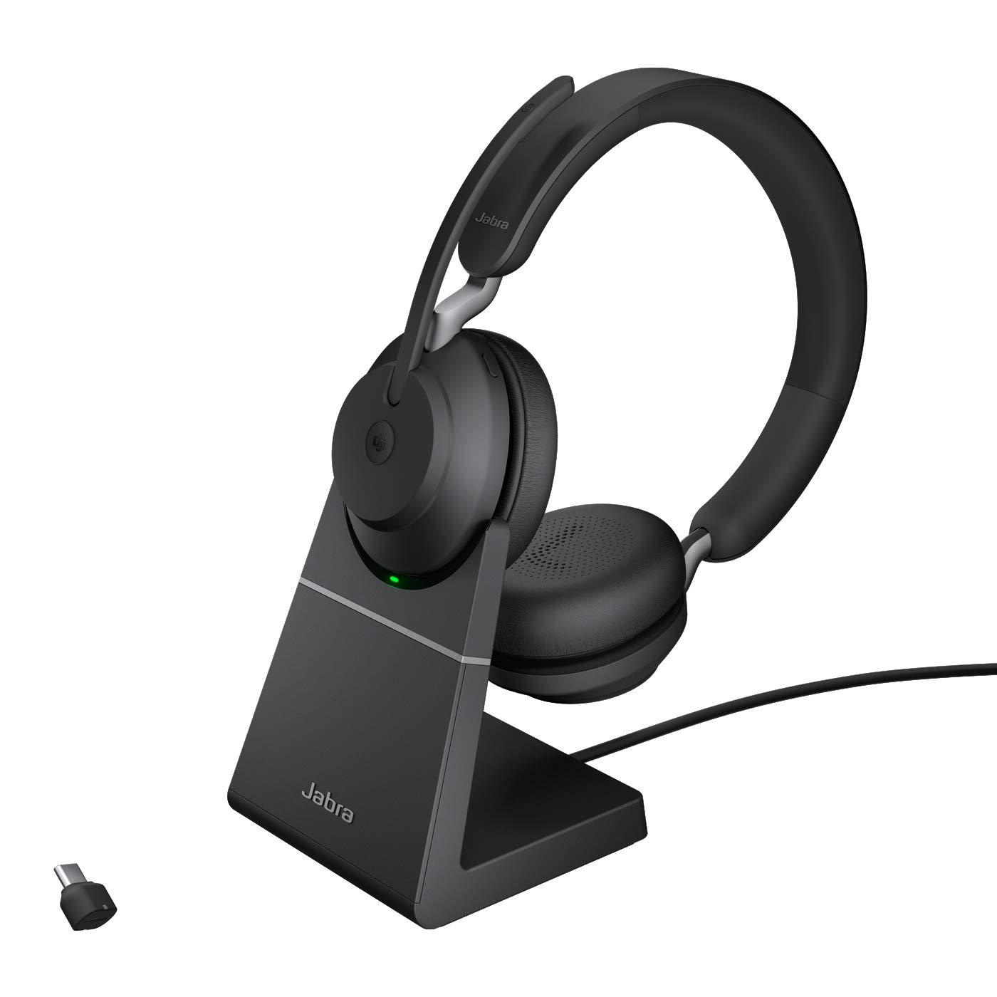 JabraEvolve2 65 Wireless PC Headset with Charging Stand – Noise Cancelling Microsoft Teams Certified Stereo Headphones With Long-Lasting Battery – USB-C Bluetooth Adapter – Black