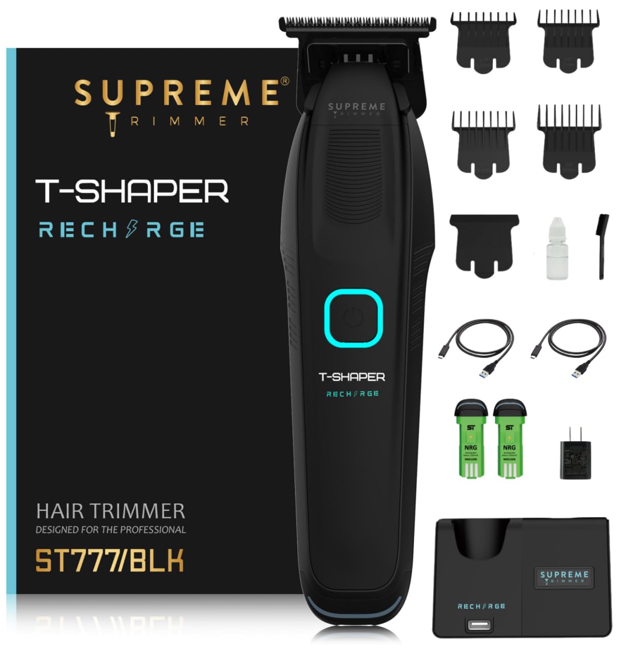 Supreme TrimmerRecharge Zero Gap Trimmer for Barbers | 7500+ RPM, Removable Battery, Smart USB Charging Stand + iPhone/Android Charging | Black ST777