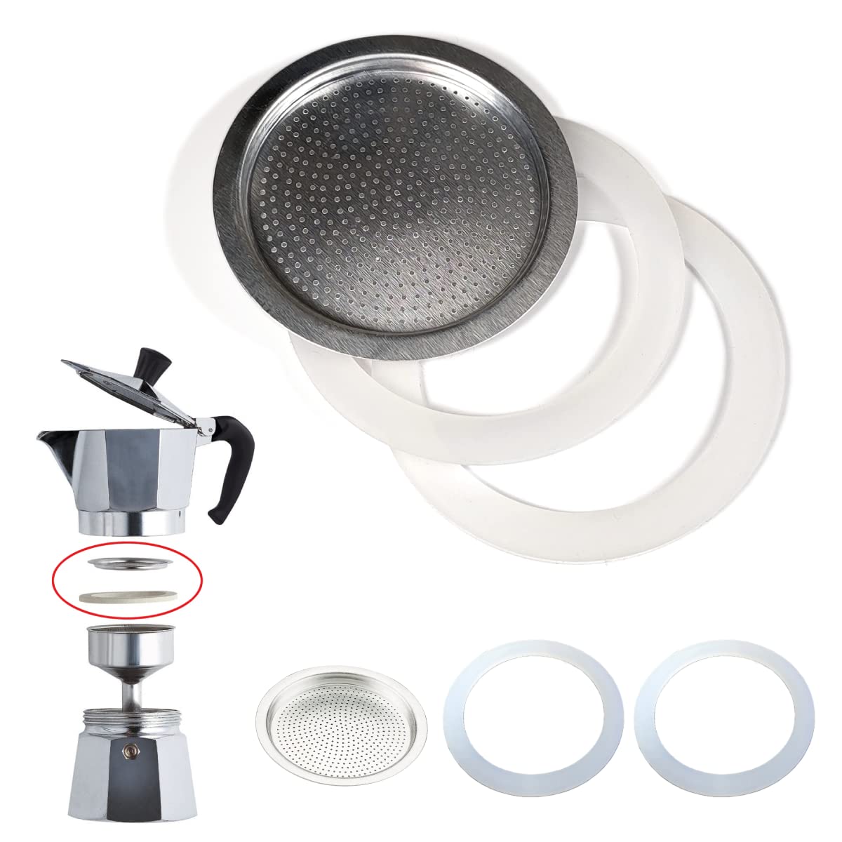 World Trade Universal Coffee Maker Seal and Filter for Replacement Parts Mocha (2 x Silicone Holding Ring + 1 Filter) (6 TZZE) 49734