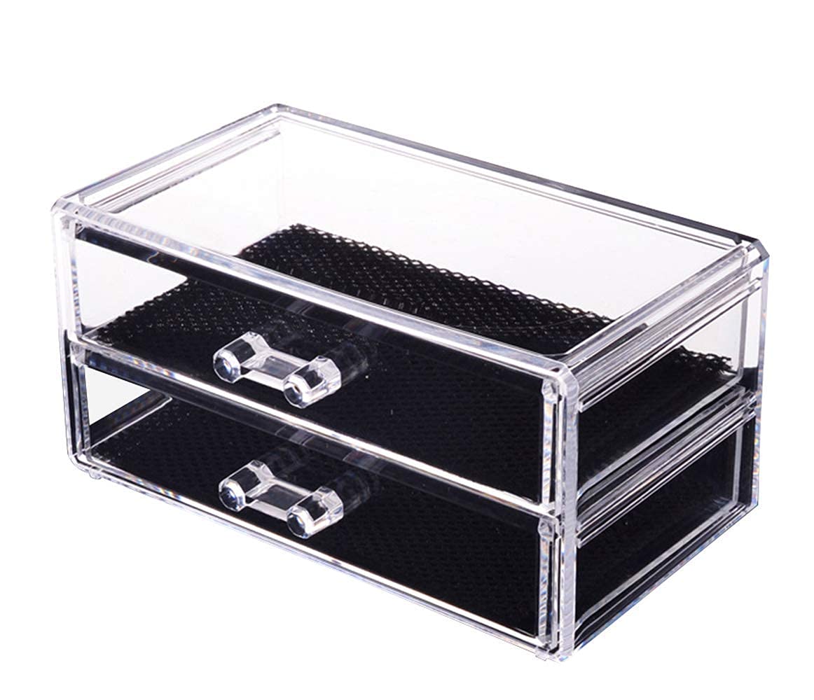 THEODORE Big Size 2 Compartment Luxurious Clear Acrylic Drawers Dressing Table Organizer with Removable Black Mesh Pad for Storage Best Deluxe Rectangular Display Box Holder Dust-Proof & Waterproof