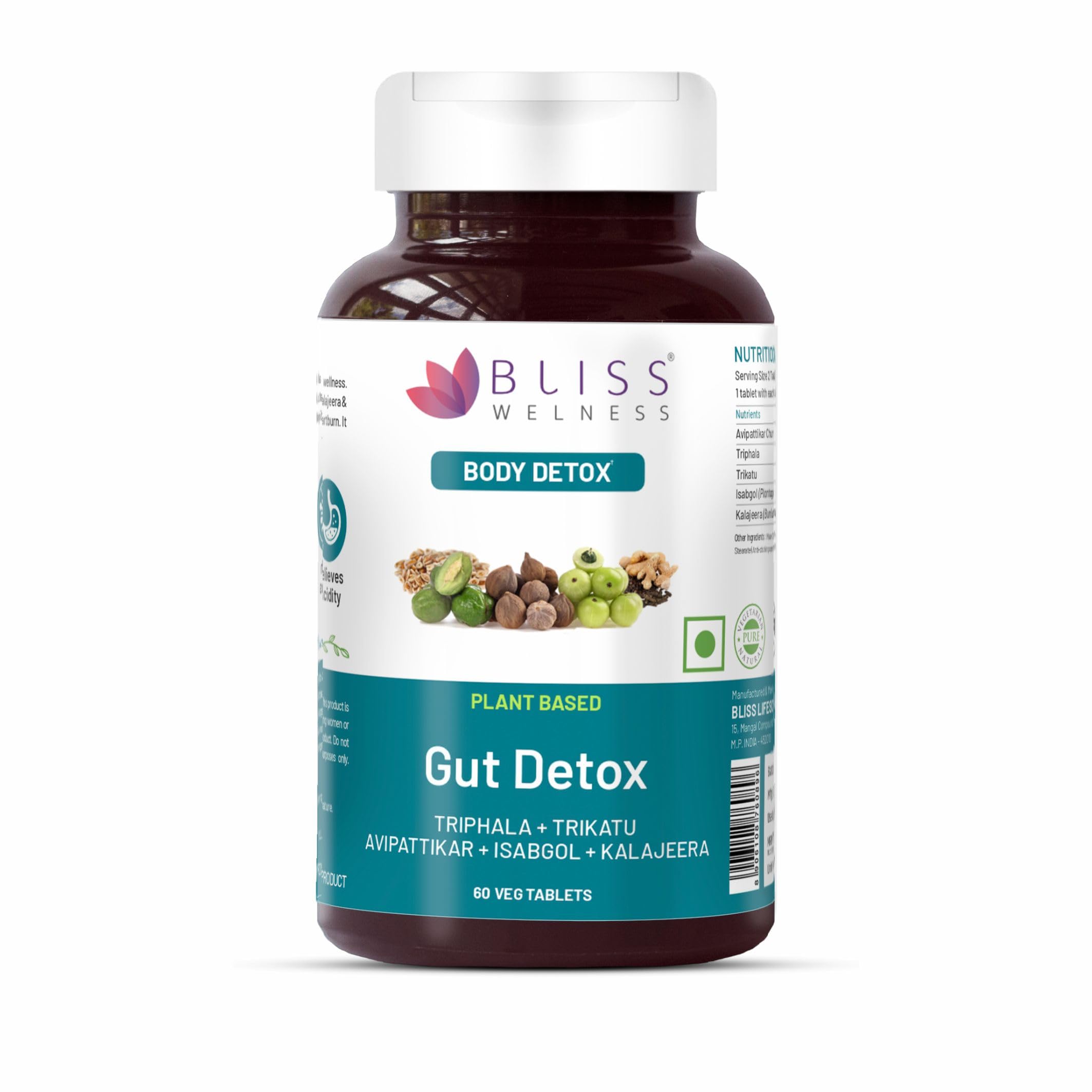 Bliss Welness Gut Detox Trikatu,Isabgol,Triphala,Avipattikar,Kalajeera Health Cleanse Purify,Stomach Cleanse Purify,Digestion Metabolism Toxin Removal Acidity Gas Control Supplement-60 Veg Tablets