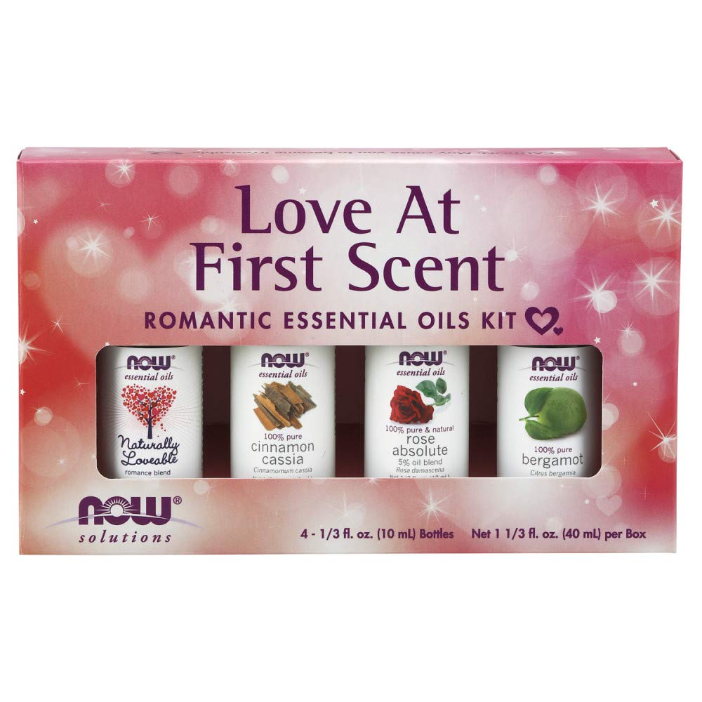 NOW Essential Oils, Love at First Scent Aromatherapy Kit, 4x10ml Including Bergamot, Cinnamon Cassia, Rose Absolute and our Naturally Loveable Essential Oil Blend With Child Resistant Caps