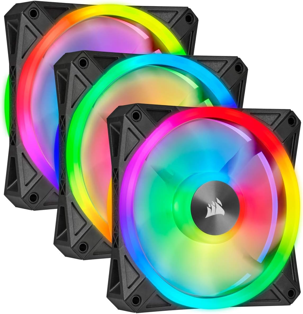 CorsairiCUE QL120 RGB, 120 mm RGB LED PWM Fans (102 Individually Addressable RGB LEDs, Speeds Up to 1,500 RPM, Low-Noise) Triple Pack with iCUE Lighting Node CORE Included - Black