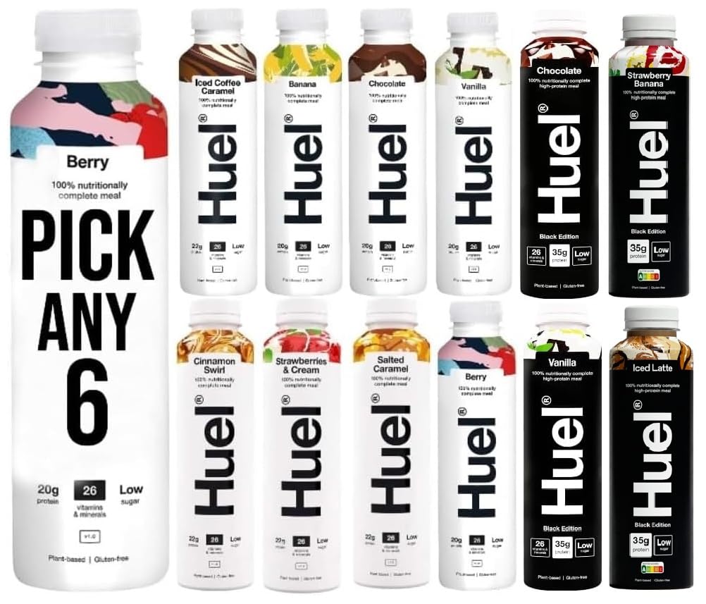 Huel PICK ANY 6 Ready To Drink Nutritionally Complete Meal from 8+ Flavours Inc.Chocolate, Banana, Vanilla, Berry, Salted Caramel, Iced Coffee Caramel, Strawberries & Cream, BLACK EDITION (Each 500ml)