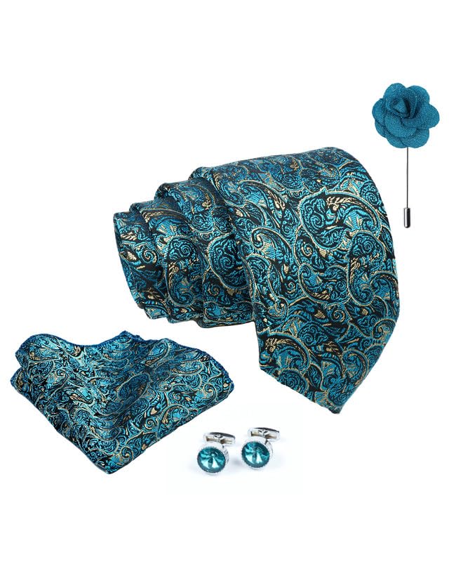 AxlonPaisley Tie For Men – Formal Ties Set With Pocket Square, Cufflink & Flower Pin With Gift Box For Mens, Silk Fabric Neckties Gift Sets For Men’s (P1)