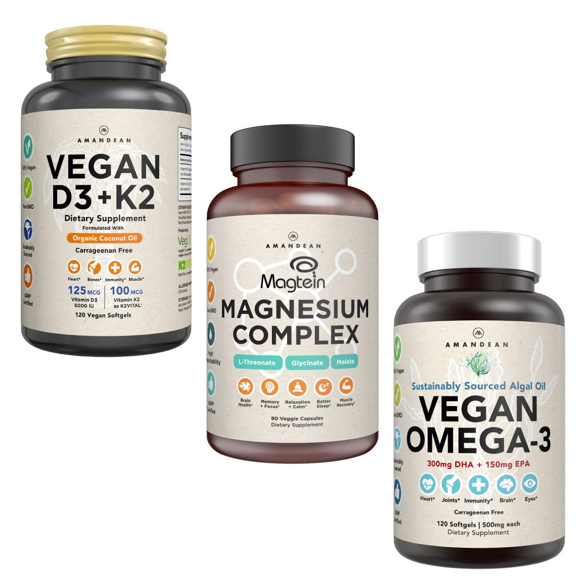 AMANDEANPremium Magnesium Complex, Vegan Omega 3, Vegan D3+K2 Bundle. Plant-Based Immune Support. Algae DHA & EPA. Quality Sleep, Focus & Mood. Support Healthy Heart, Brain, Joints & Eyes