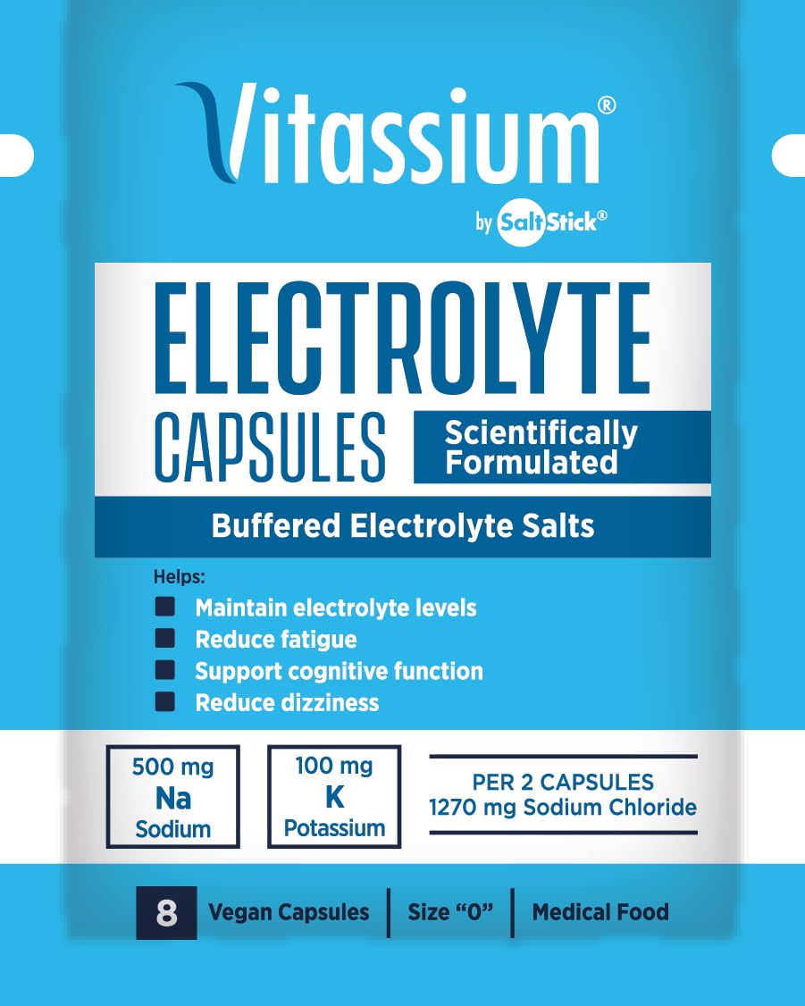 VitassiumCapsules, Electrolytes for Dietary Management of POTS Syndrome Symptoms (500mg Sodium - 100mg Potassium), 240 Buffered Salt Capsules