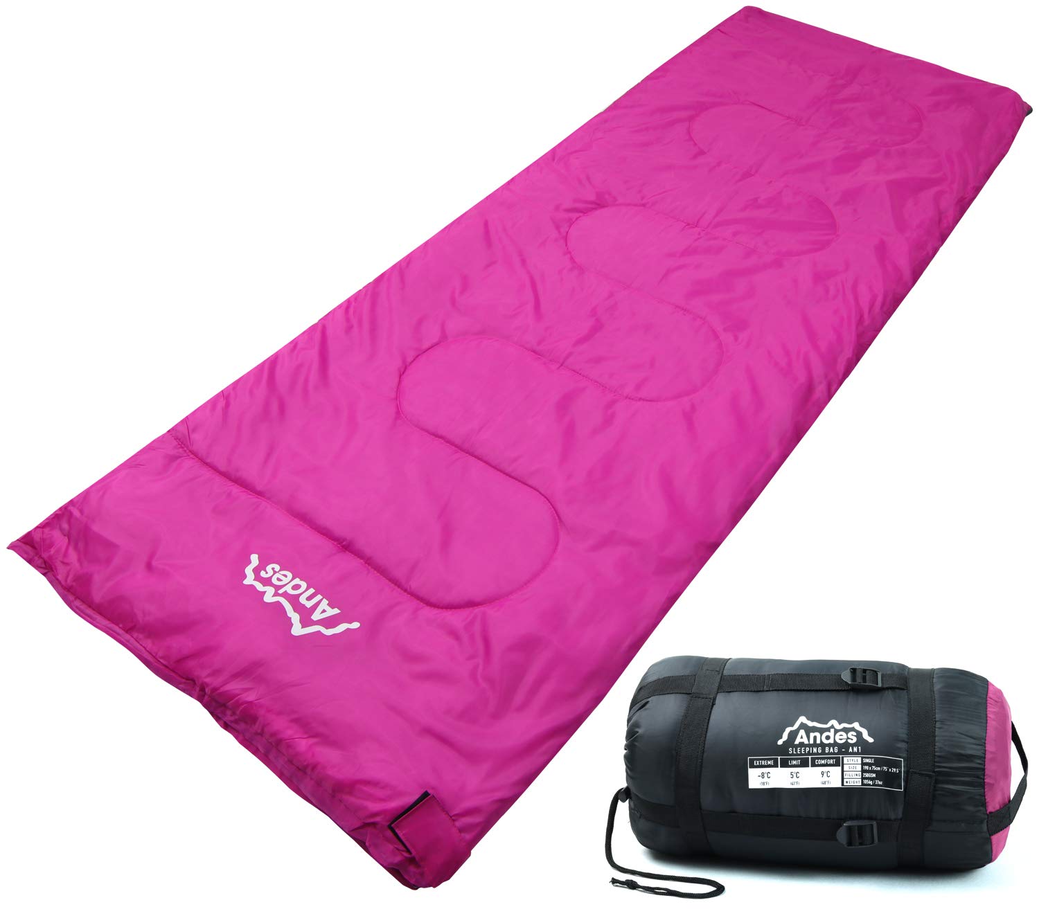 Andes Palermo 250 Rectangle Sleeping Bag Warm 250GSM Filling - Compression Carry Bag Included - Ideal For Camping, Festivals Waterproof