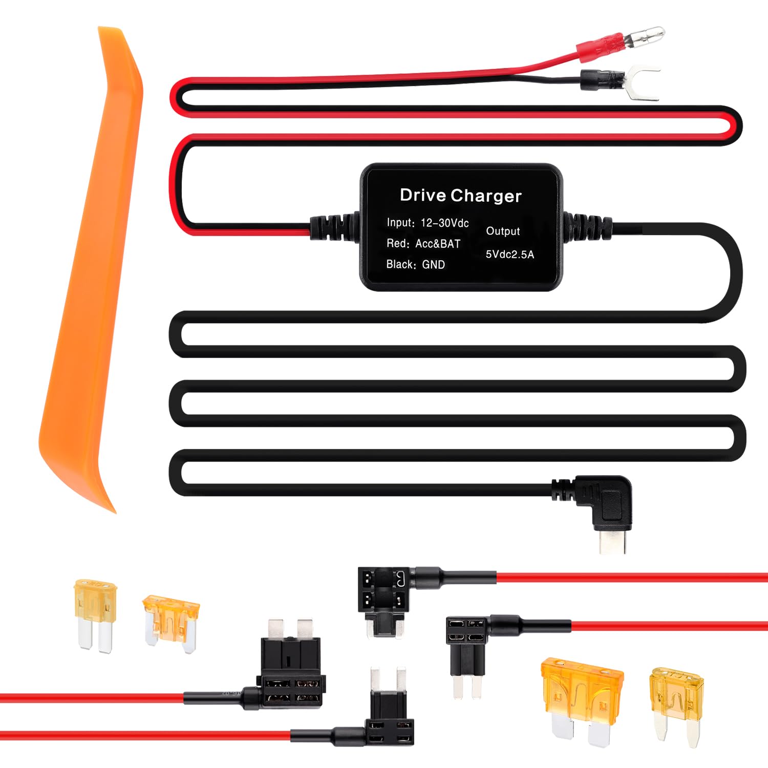 Dash Cam Hardwire Kit,[Upgraded Version] USB C Hardwire Kit for Dash Camera with 12V-24V to 5V Power Supply,Fuse Tap,Blade Fuses & Pry Tool,Protecting Car Dash Cam Front and Rear