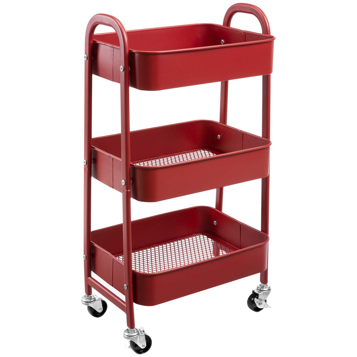 AGTEK Makeup Cart, Movable Rolling Organizer Cart, 3 Tier Metal Utility Cart, Brick Red