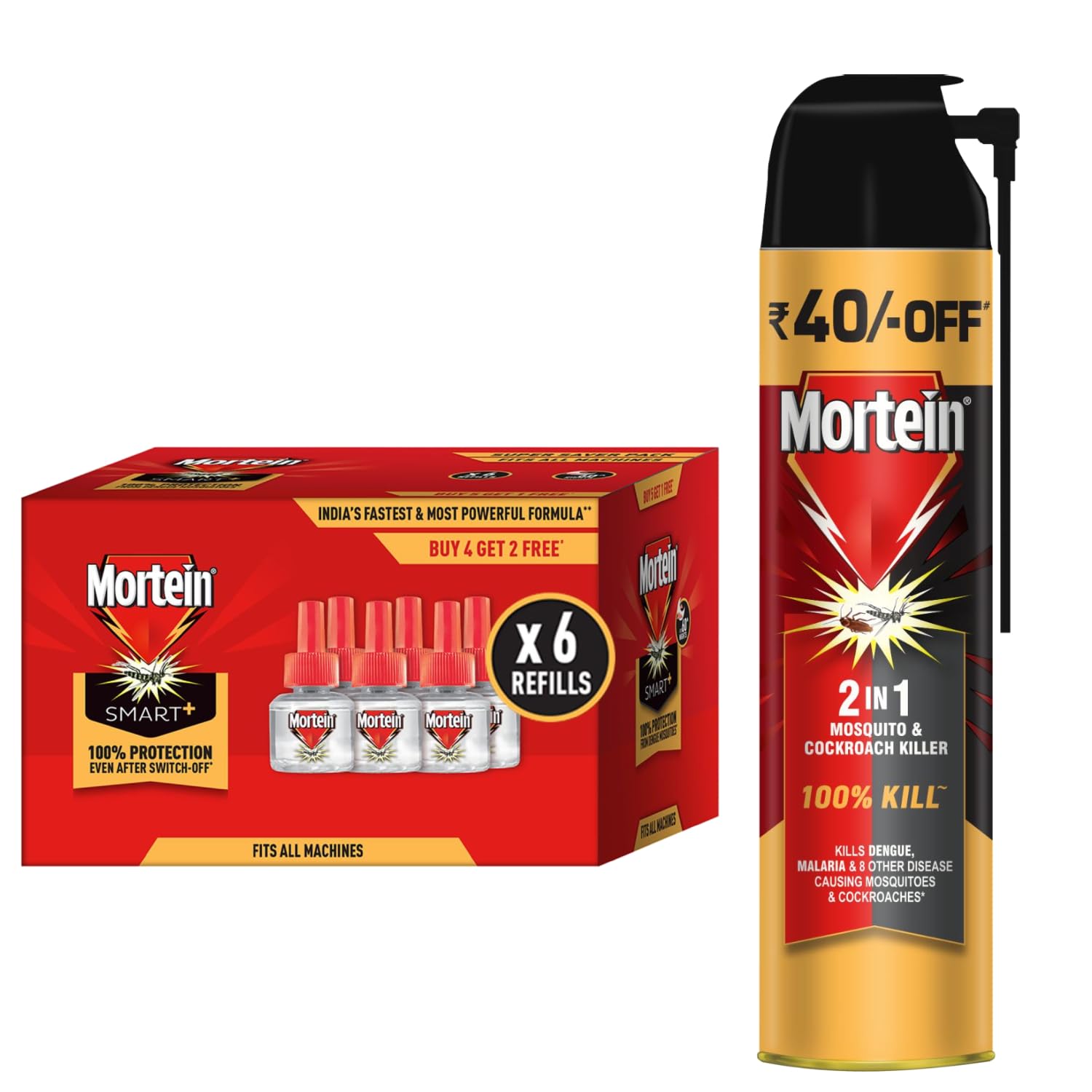 Mortein 2 in 1 Mosquito Killer & Cockroach Killer Spray - 600ml + 45ml x 6 (Buy 4 Get 2 Free), SmartPlus Mosquito Repellent Refill