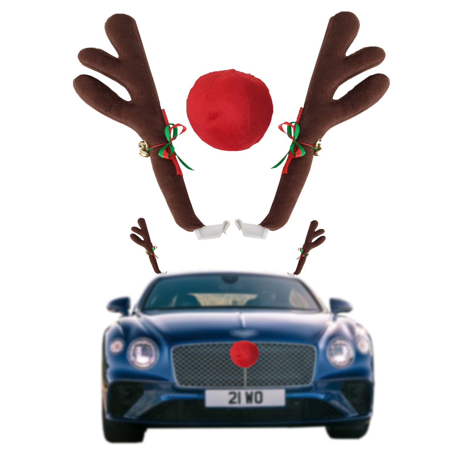 Car Reindeer Antlers & Nose - Window Roof-Top & Grille Rudolph Reindeer Jingle Bell Christmas Costume - Auto Accessories Decoration Kit Best for Car SUV Van Truck, Xmas Gift Set (Brown)