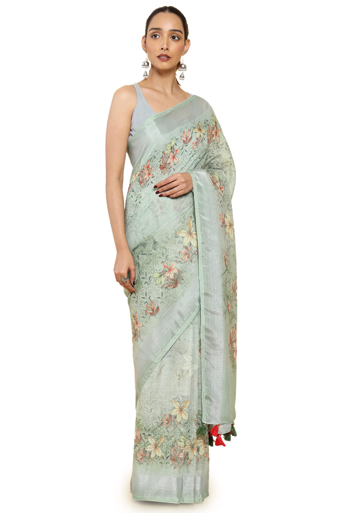 SochWomen Green Linen Floral Saree