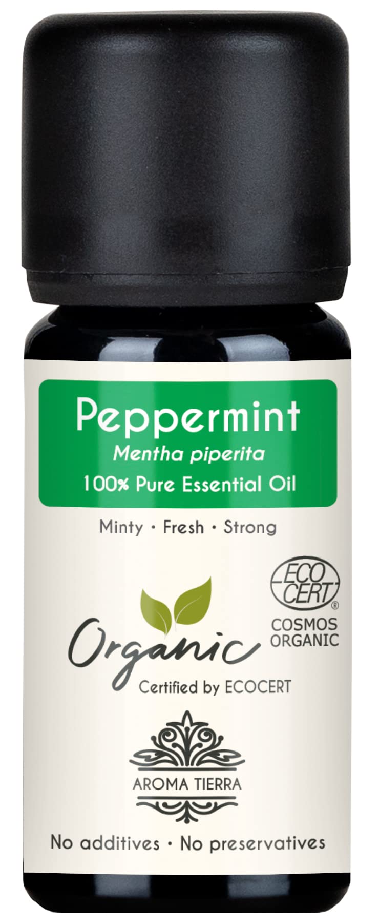 Aroma Tierra Organic Peppermint Essential Oil Mint - 10ml - 100% Pure, Natural, Certified Organic - For Aromatherapy Diffuser - Hair Growth - Food, Baking Extract - Headache, Pain - Repels Mice, Rats