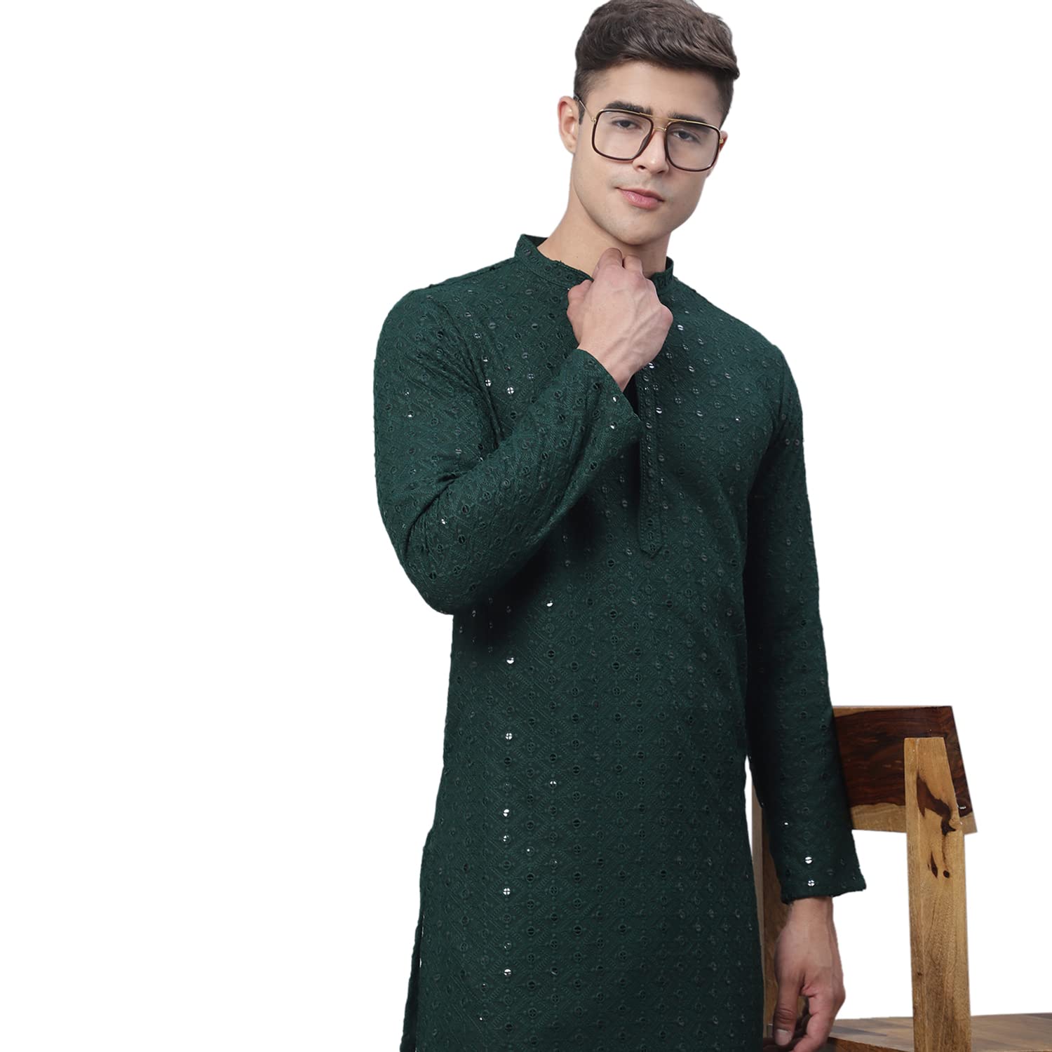 Lakkar HaveliMen's indian Traditional Green Chikankari Embroidered Shirt Kurta Wedding party Wear Big Tall Cotton (9X-Large)