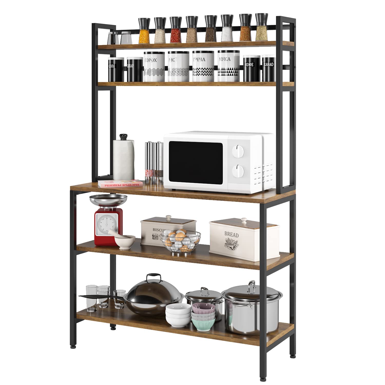 HITHOS Industrial 5-Tier Kitchen Bakers Rack with Hutch, Microwave Oven Stand with Shelves, Coffee Bar for Living Room, Utility Storage Shelf for Home Office, Rustic Brown