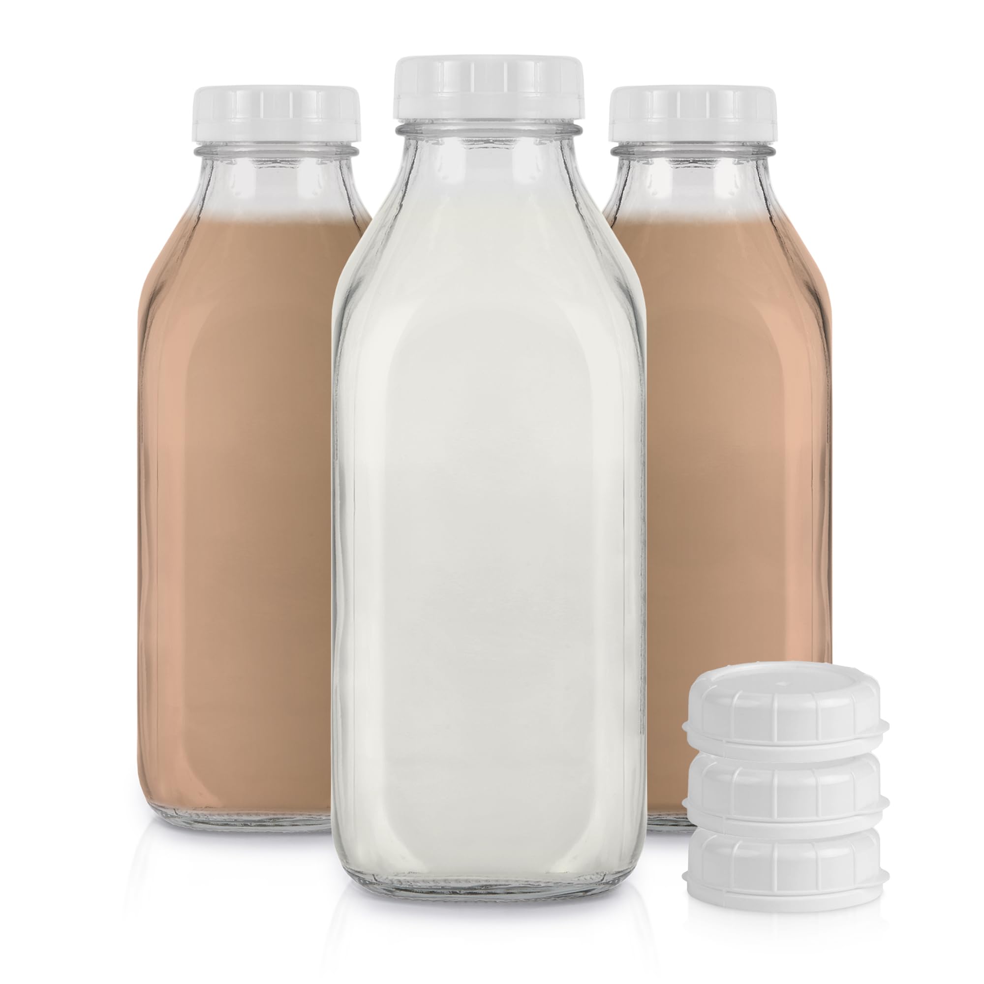 Stock Your HomeLiter Glass Milk Bottle with Lid (3 Pack) 32 Oz Jugs and 6 White Caps, Reusable Food Grade Milk Container for Refrigerator, Bottles for Juice, Oat or Plant Milks, Water, Honey