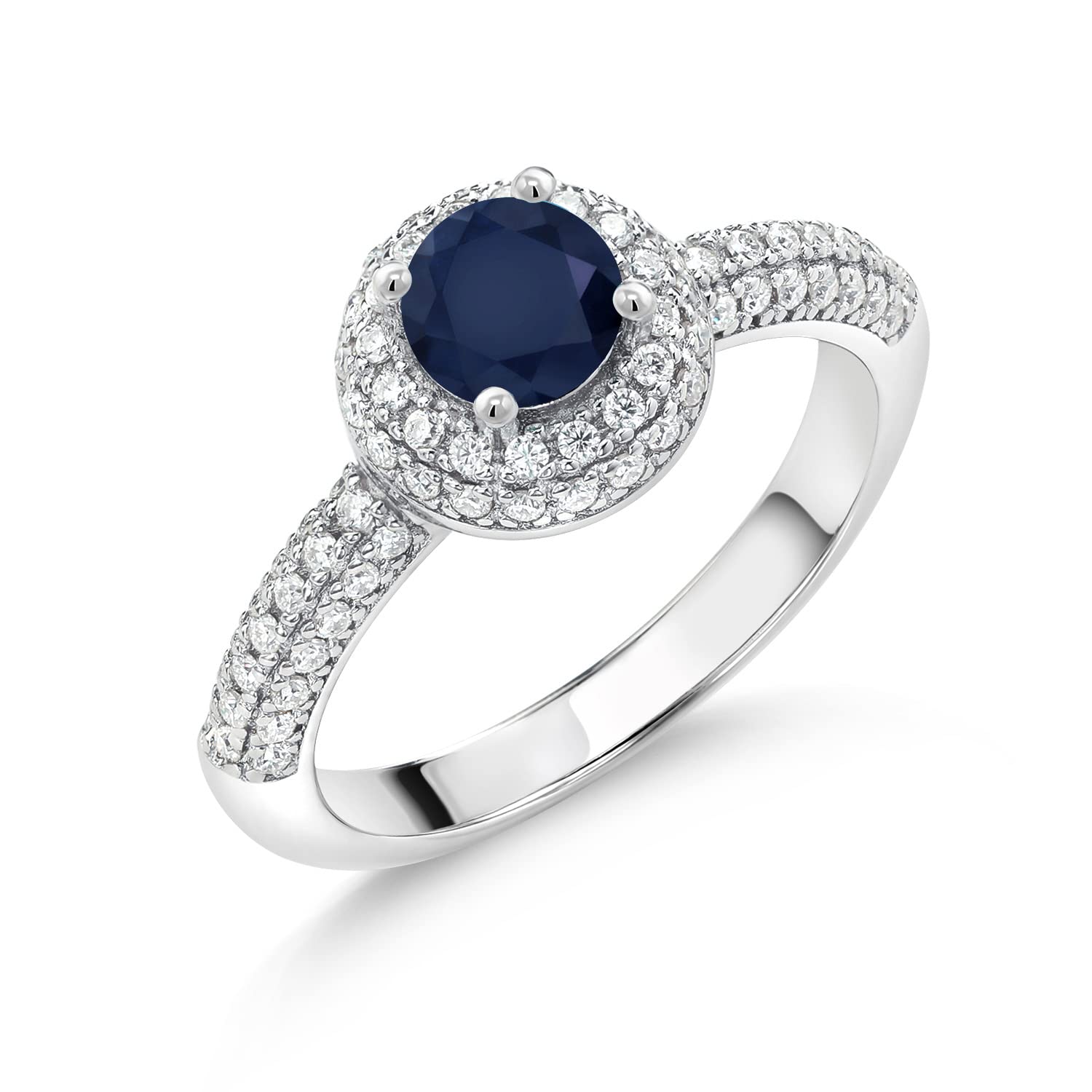 Gem Stone King925 Sterling Silver Blue Sapphire and White Moissanite Engagement Ring For Women (1.16 Cttw, Round 5MM, Available In Size 5, 6, 7, 8, 9)